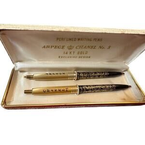 Vintage Chanel No.5 & Arpege 24kt Gold Filigree Perfumed Pens Set in Case